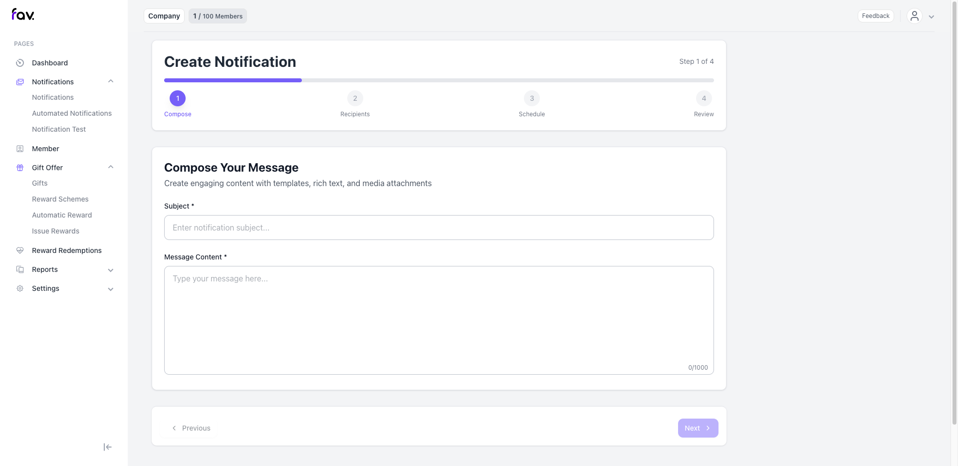 FavCRM notification creation interface showing simple 4-step process
